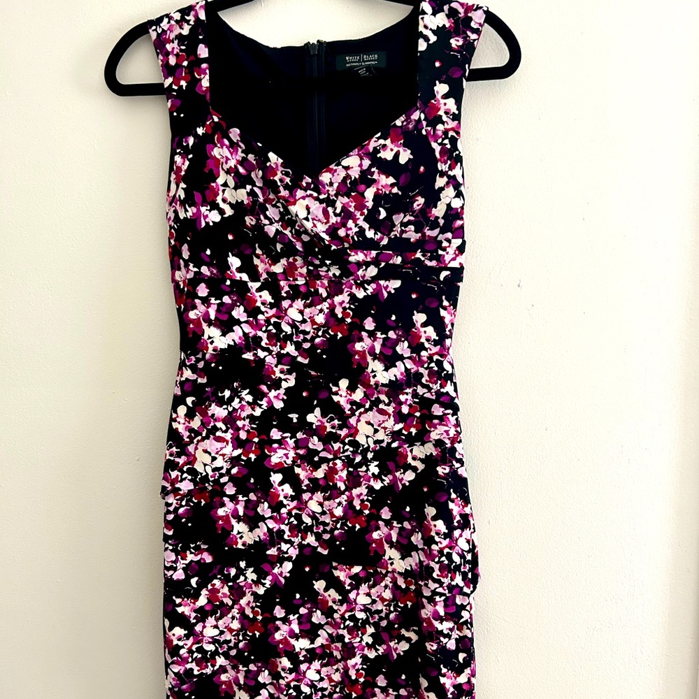 White House Black Market Black Floral Midi Dress with Pink & White Accents
